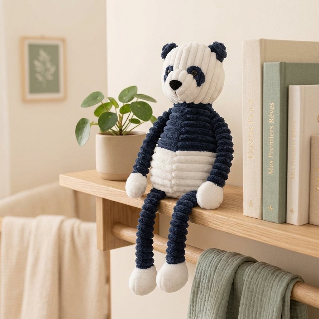 Peluche panda assise au bord d'une étagère, jambes pendantes