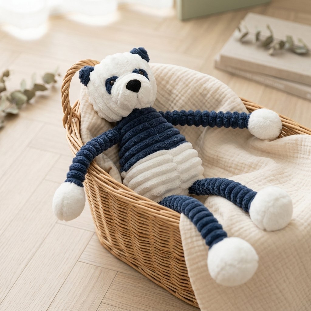 Peluche panda en velours côtelé dans un panier en osier