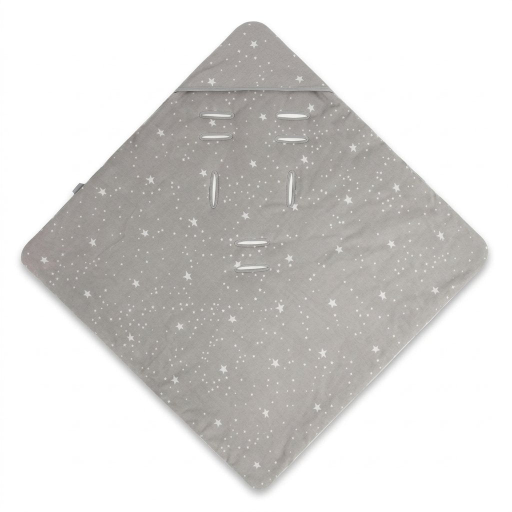 Nid d'ange cosy gris étoilé déplié à plat, 90 × 90 cm