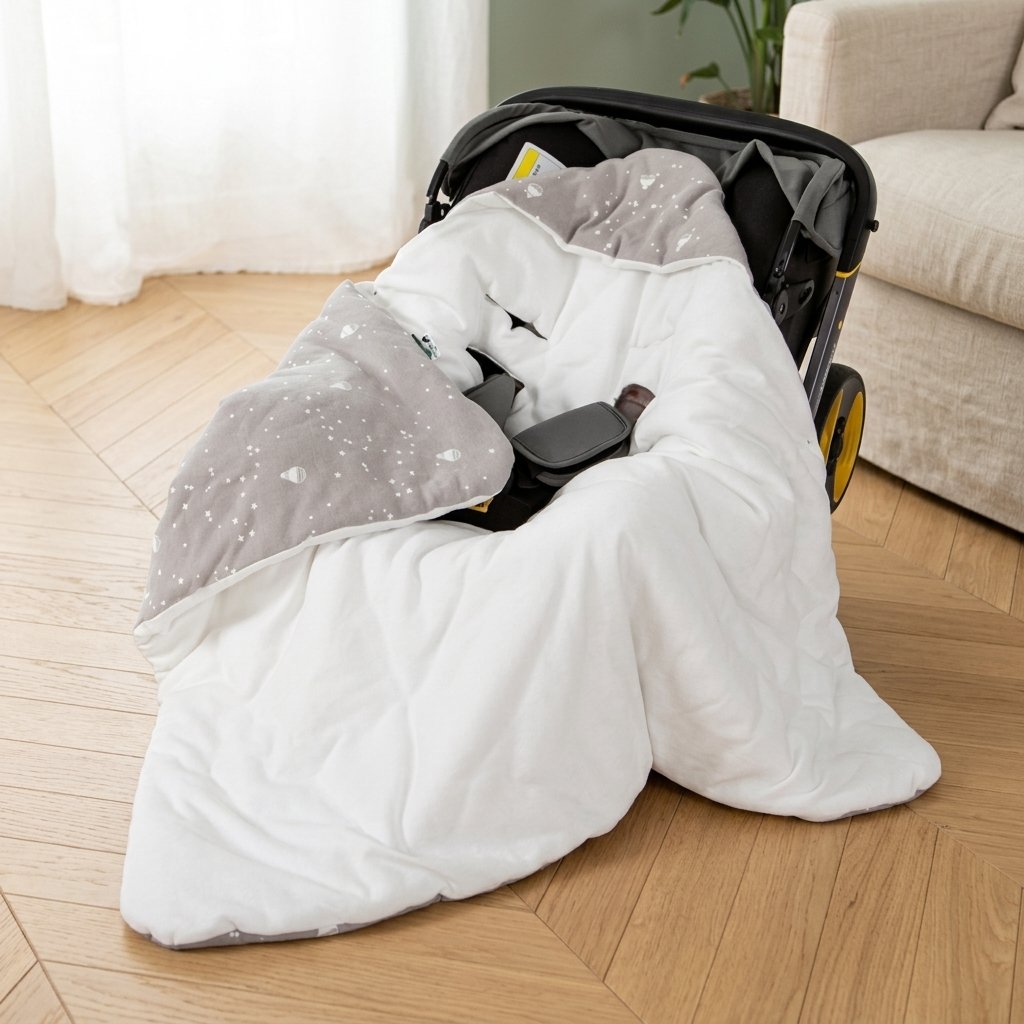 Nid d'ange cosy installé dans un siège coque posé dans un salon