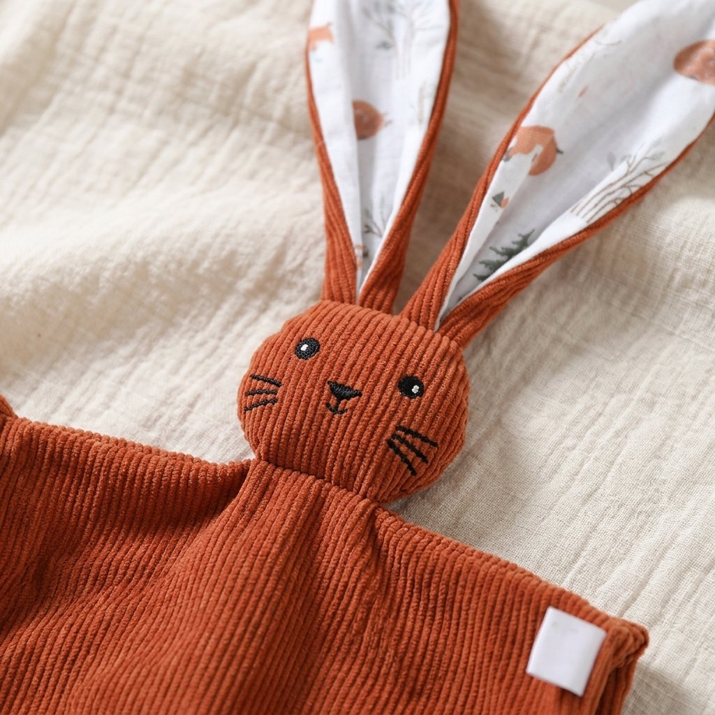 Détail du visage brodé et des oreilles imprimées du doudou lapin