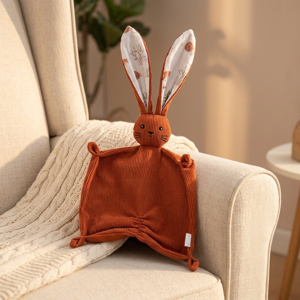 Doudou lapin en velours côtelé posé sur un fauteuil