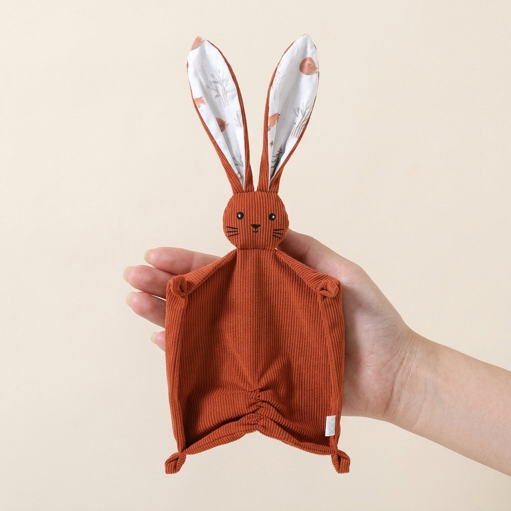 Doudou lapin SOLAL terracotta tenu dans la main