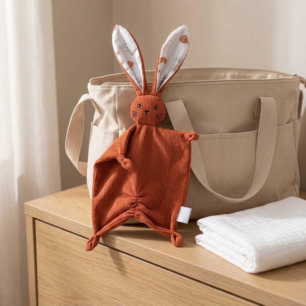 Doudou lapin qui dépasse d'un sac à langer
