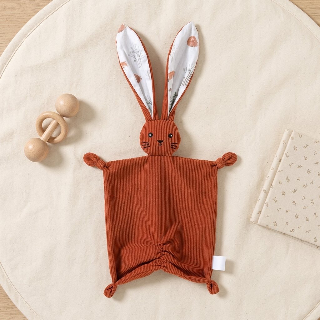 Doudou lapin terracotta sur un tapis de jeu