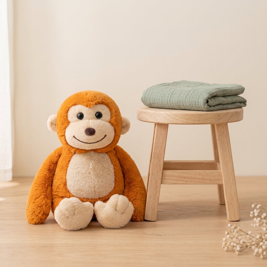 Peluche singe à côté d'un tabouret d'enfant pour montrer sa taille