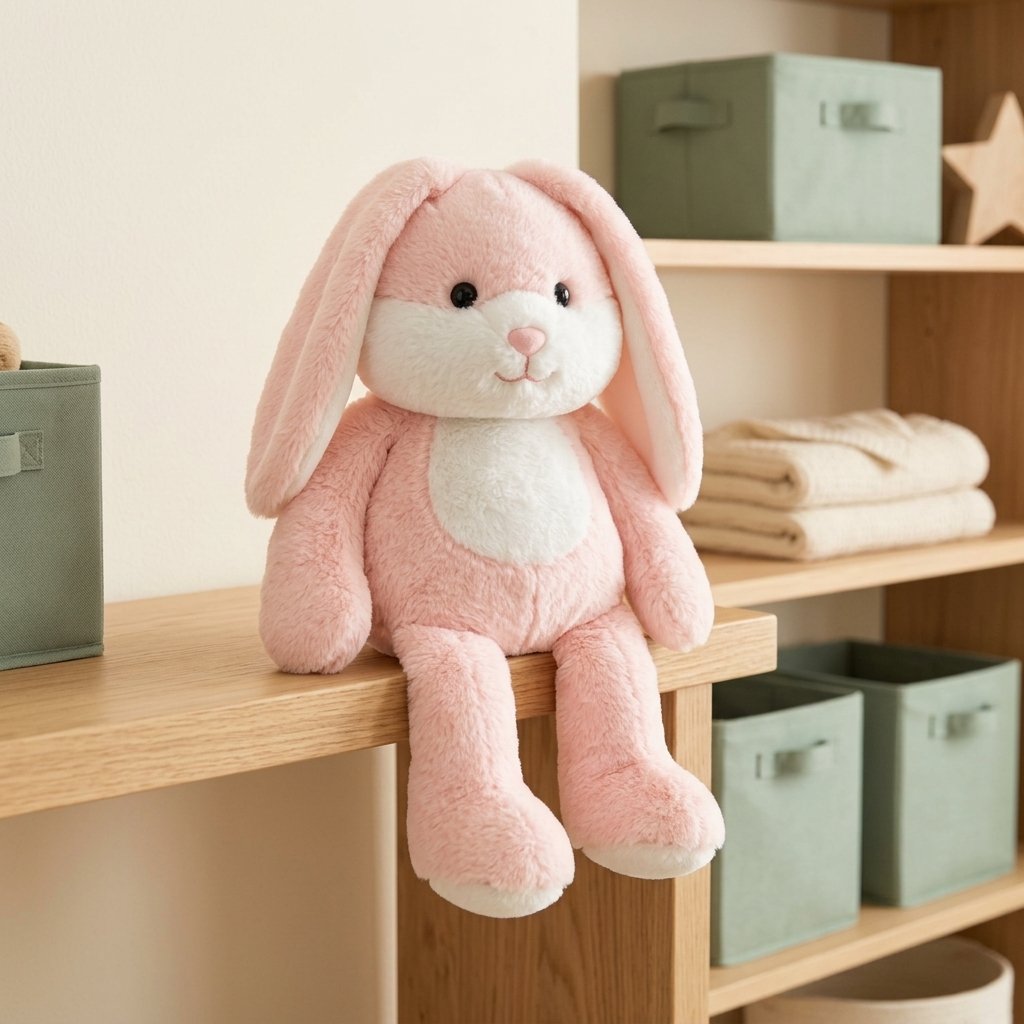 Peluche lapin rose assise au bord d'une étagère, jambes pendantes
