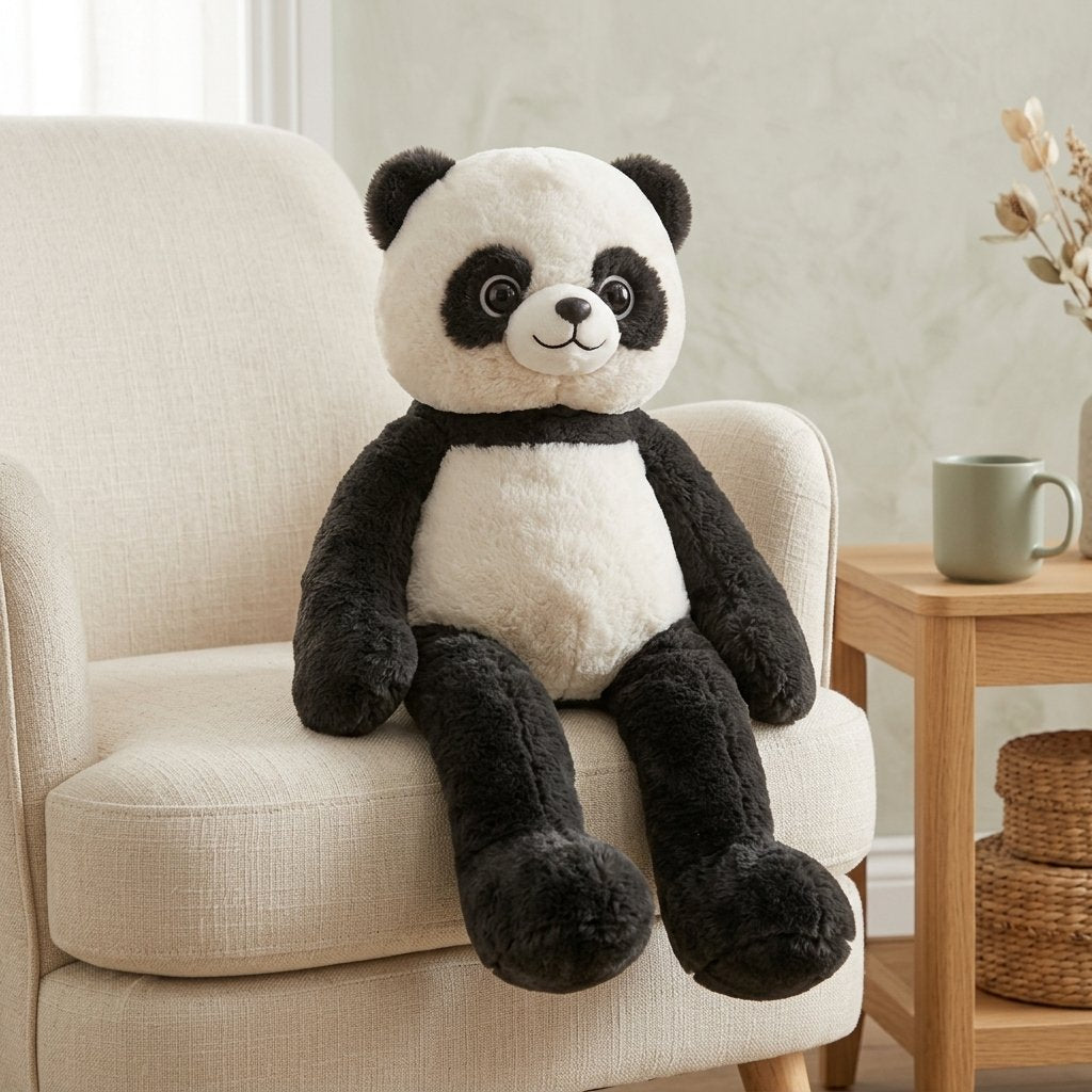 Peluche panda aux longues jambes assise sur un fauteuil