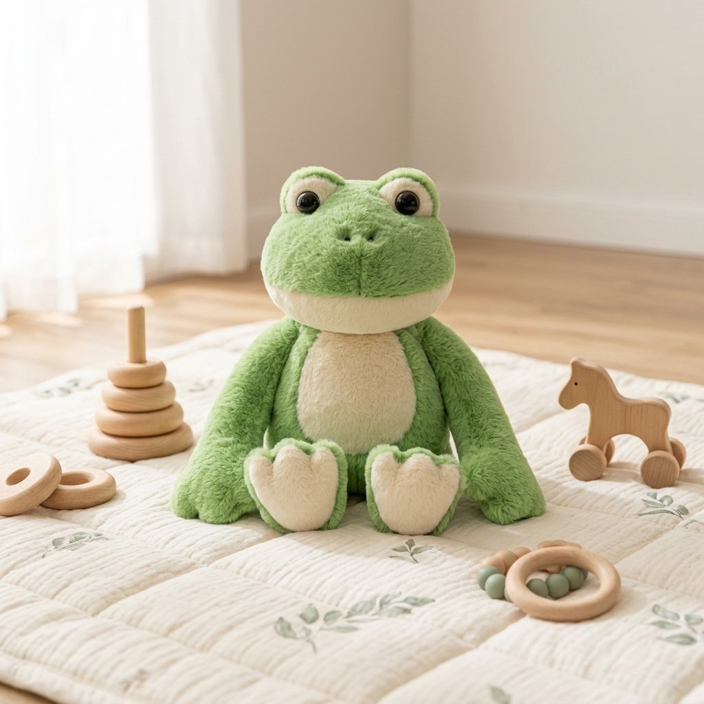 Peluche grenouille assise sur un tapis de jeu
