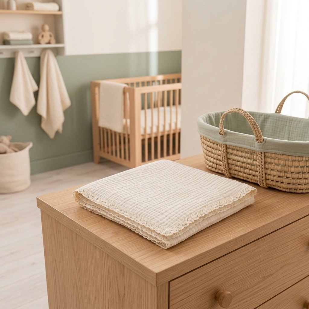 Couverture en gaze écrue pliée sur une commode