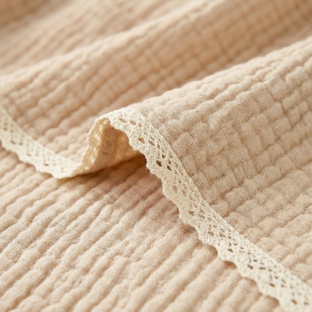 Détail de la gaze gaufrée et de la bordure en dentelle