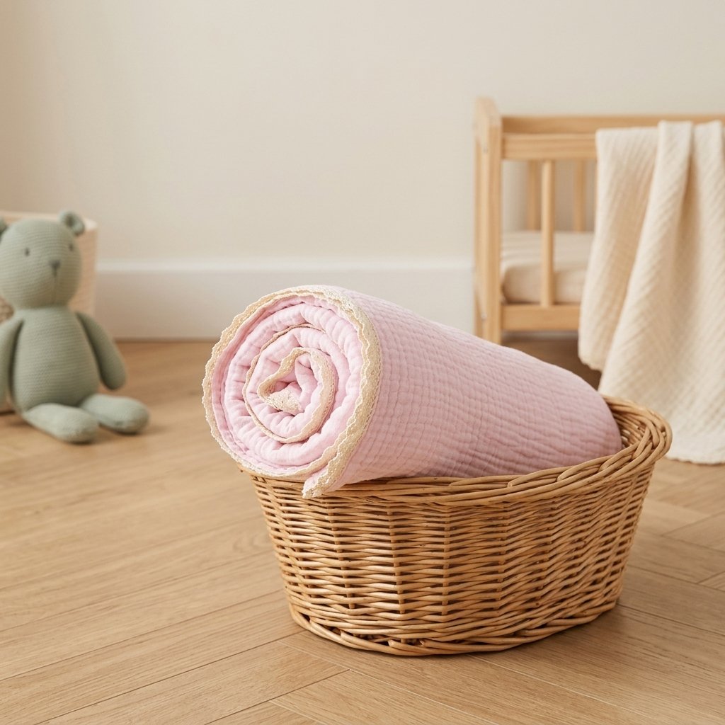 Couverture en gaze rose poudré roulée dans un panier