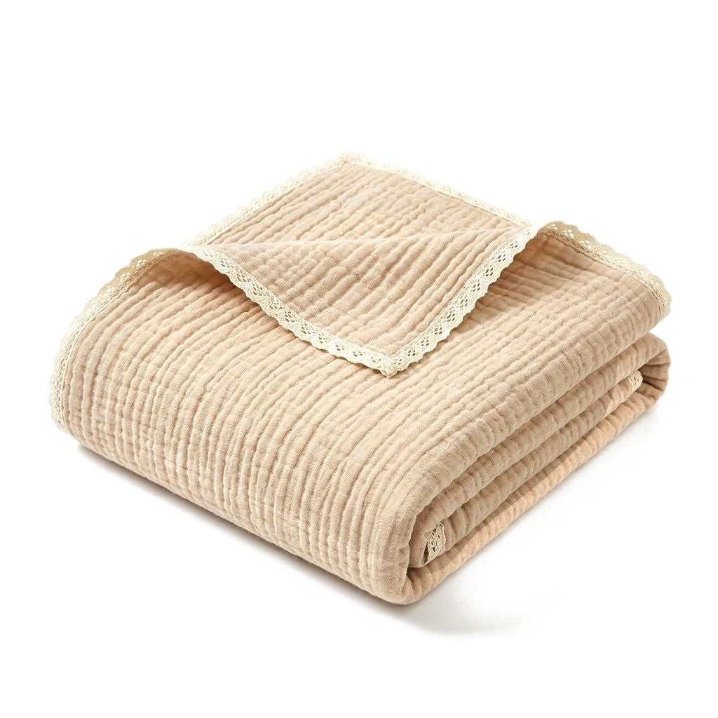 Couverture en gaze de coton sable, bordure dentelle