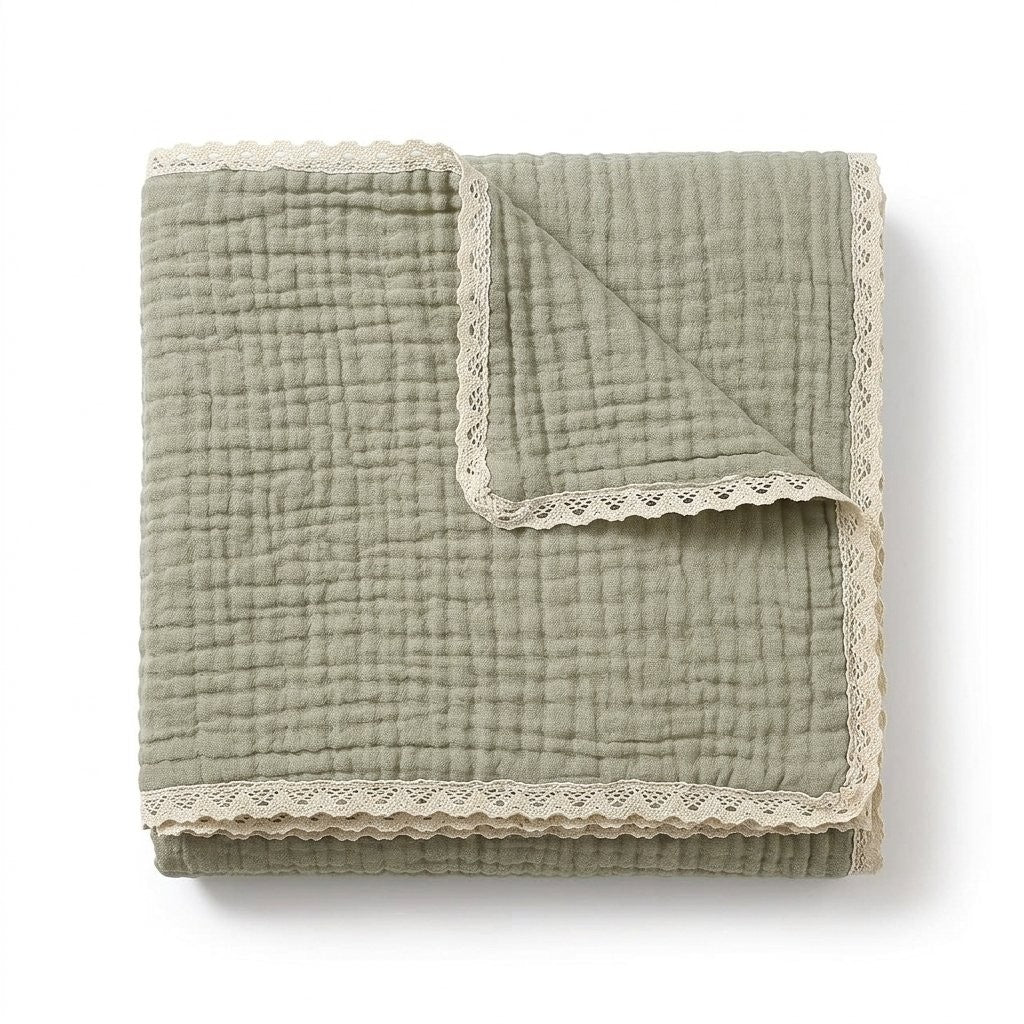Couverture en gaze de coton sauge, bordure dentelle
