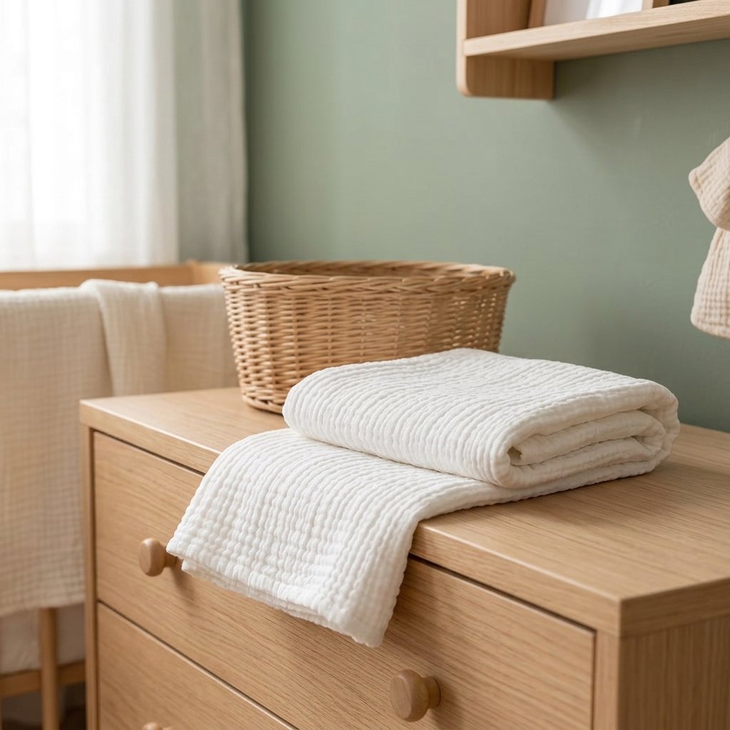 Couverture en gaze blanche pliée sur une commode Image