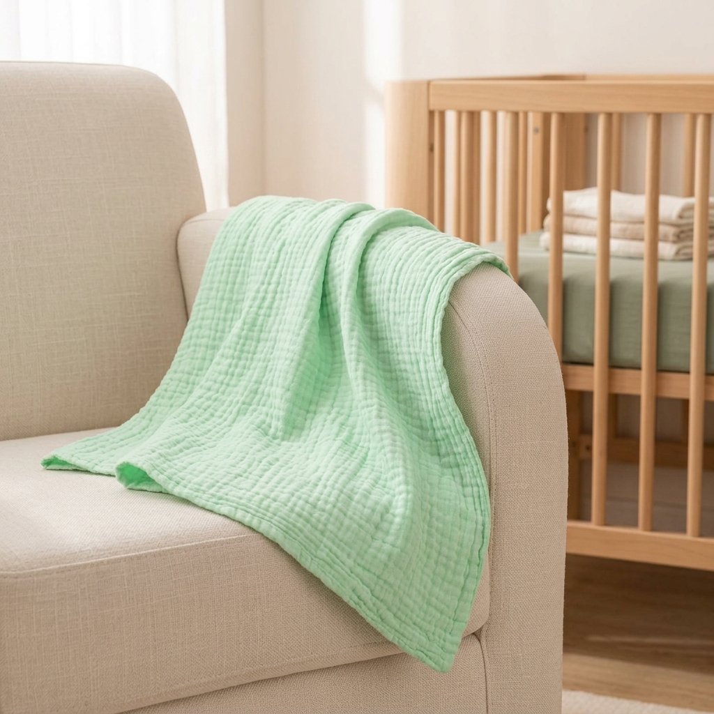 Couverture en gaze vert d'eau drapée sur un fauteuil