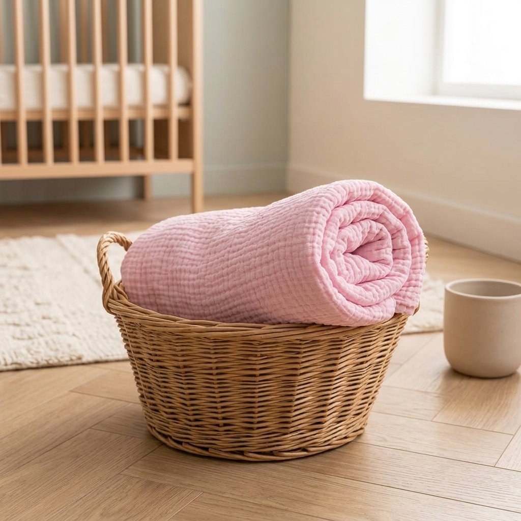 Couverture en gaze rose roulée dans un panier