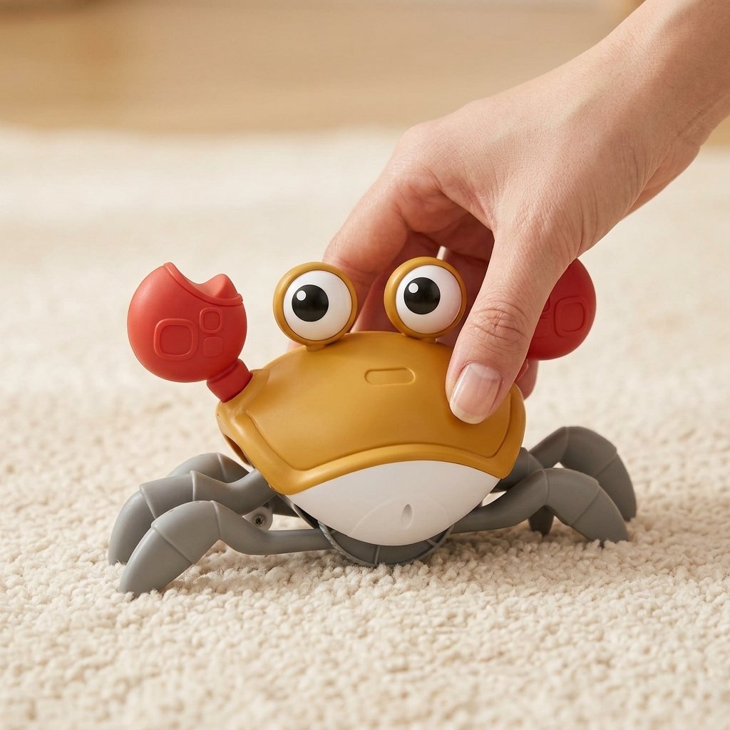 Main posant le jouet crabe au sol