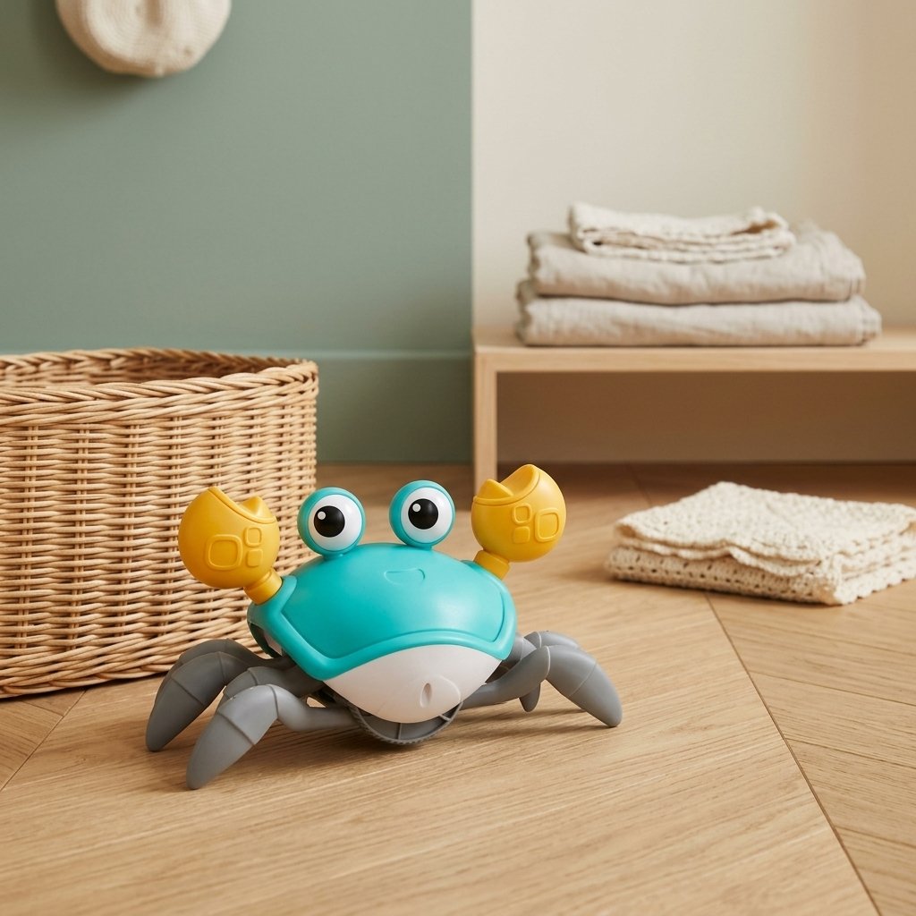 Jouet crabe turquoise sur un parquet clair