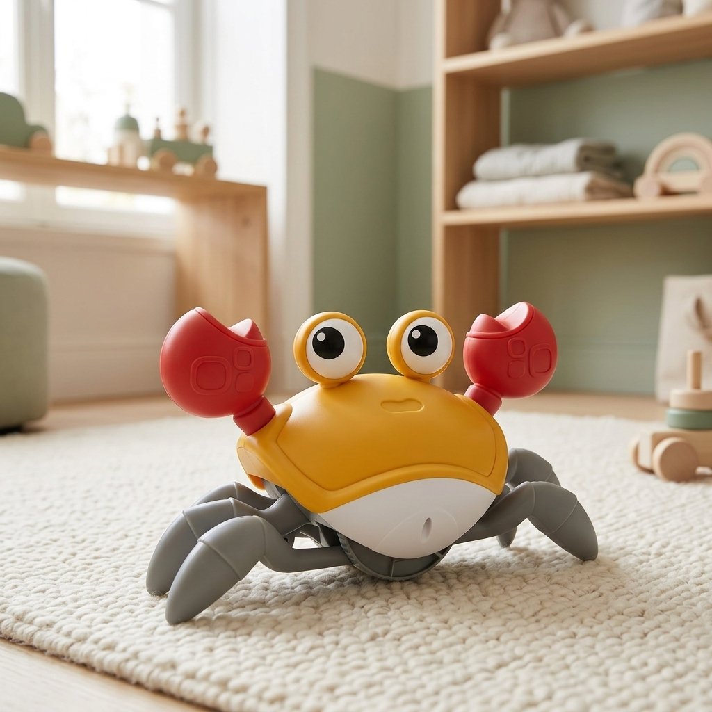 Jouet crabe orange sur un tapis en laine
