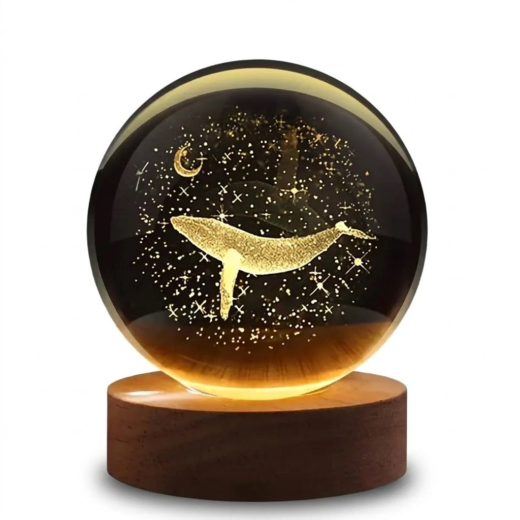 Boule de cristal gravée baleine et lune sur socle en bois