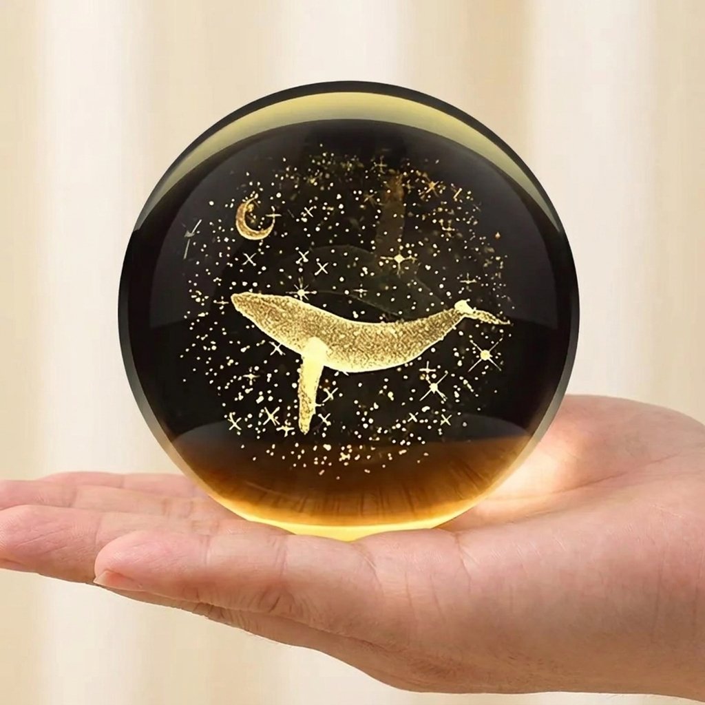 Boule de cristal baleine tenue dans la main