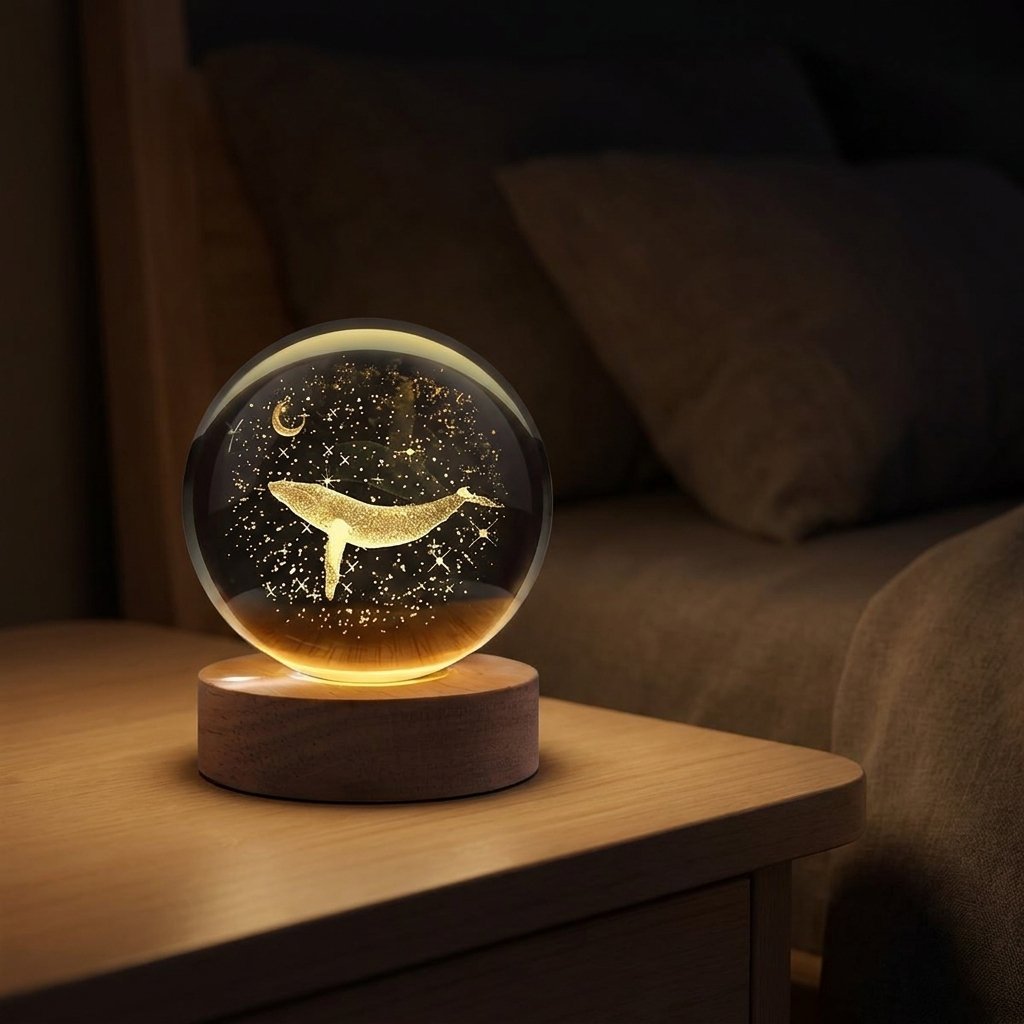 Boule de cristal baleine allumée sur une table de nuit