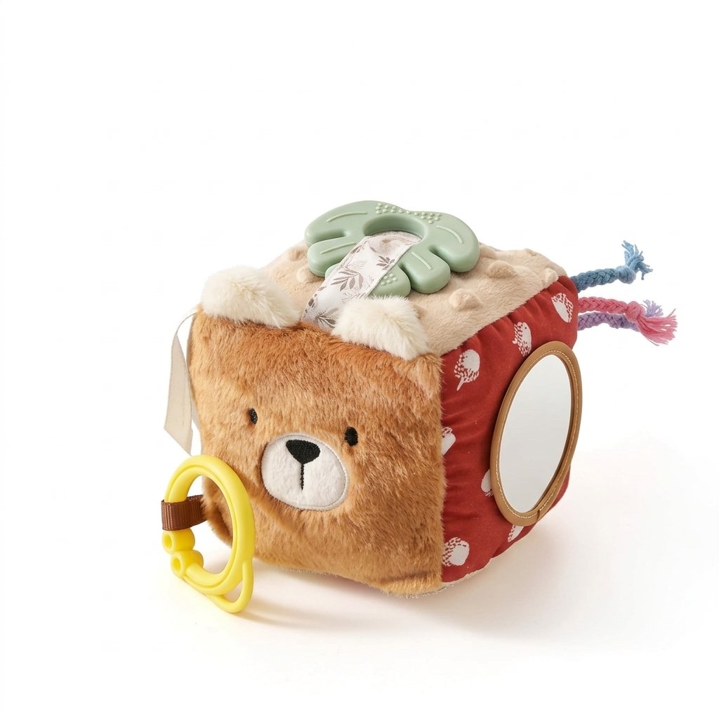 Cube d'activités bébé en peluche ours avec miroir et anneau