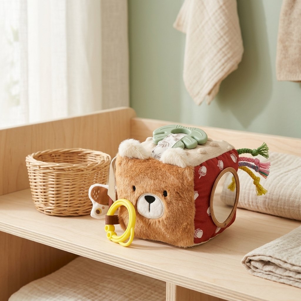 Cube d'activités ours sur une étagère en bois