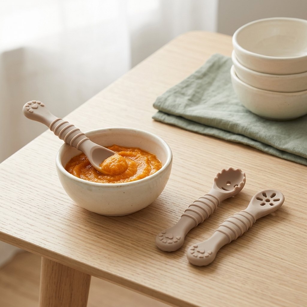 Cuillères d'apprentissage en silicone près d'un bol de purée