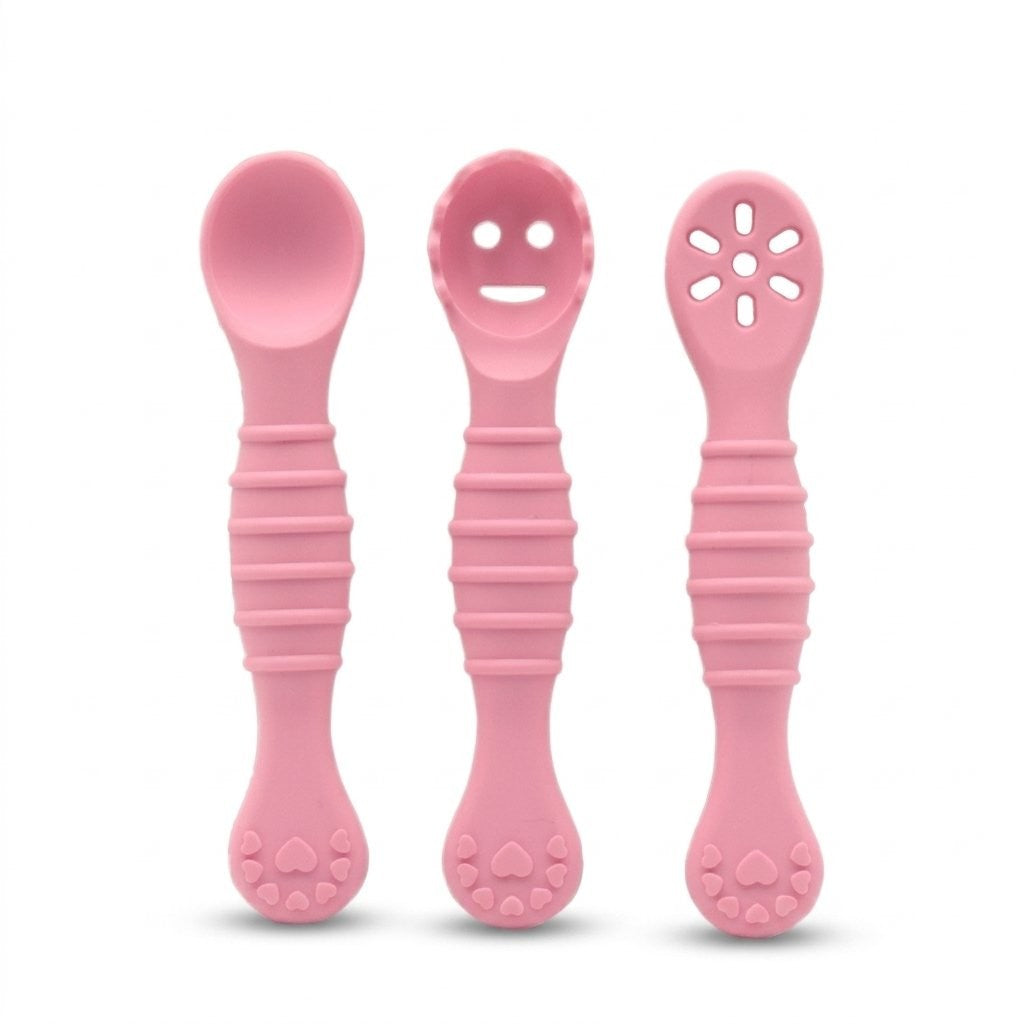 Trois cuillères d'apprentissage bébé en silicone rose