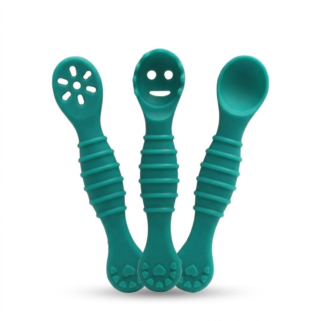 Trois cuillères d'apprentissage bébé en silicone vert sapin