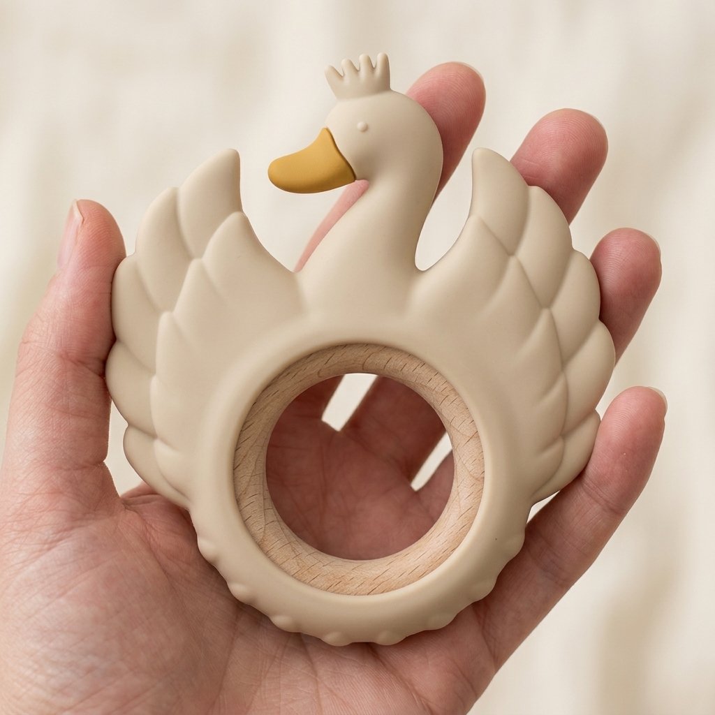 Anneau de dentition cygne tenu dans la main pour montrer sa taille Image