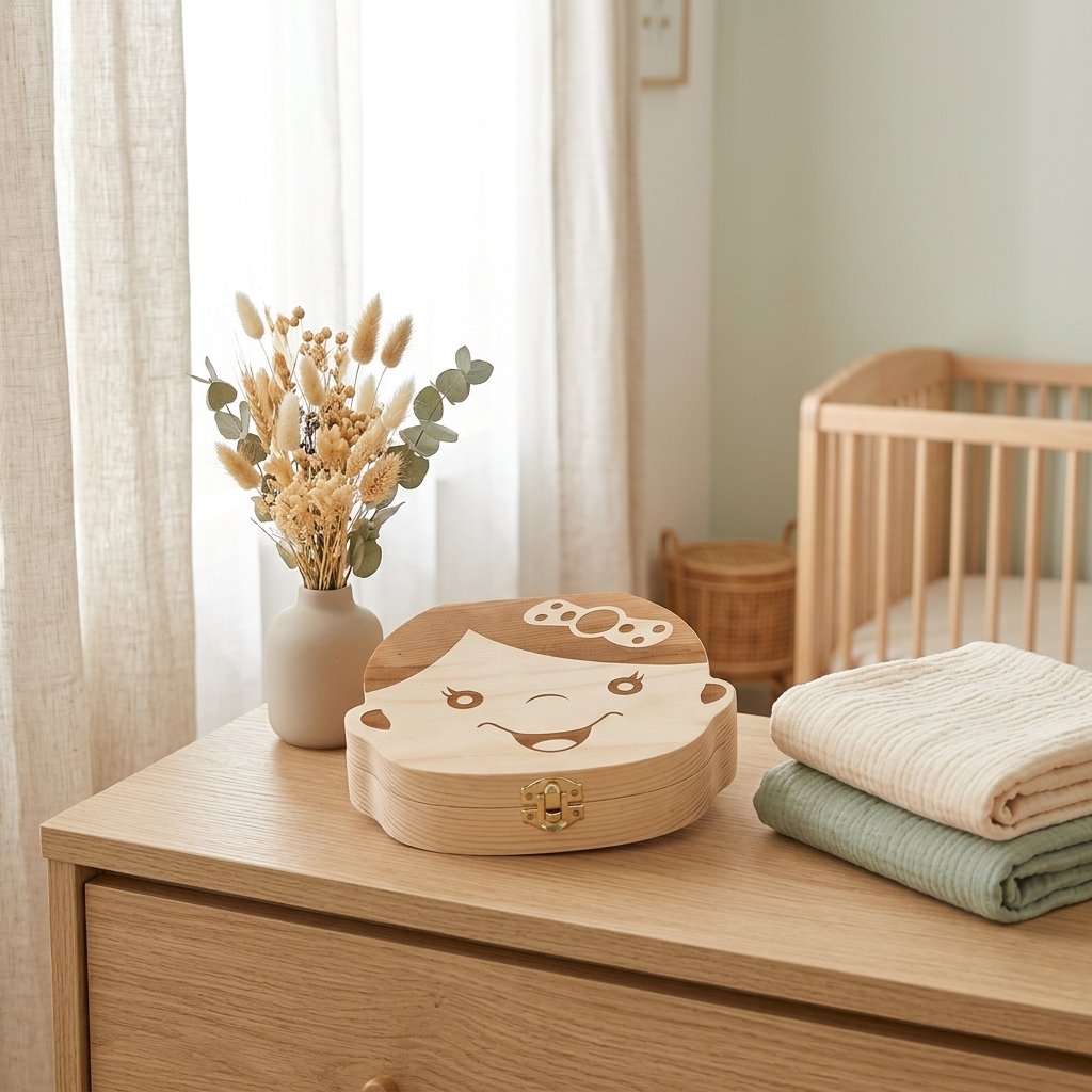 Boîte à dents de lait fille posée sur une commode