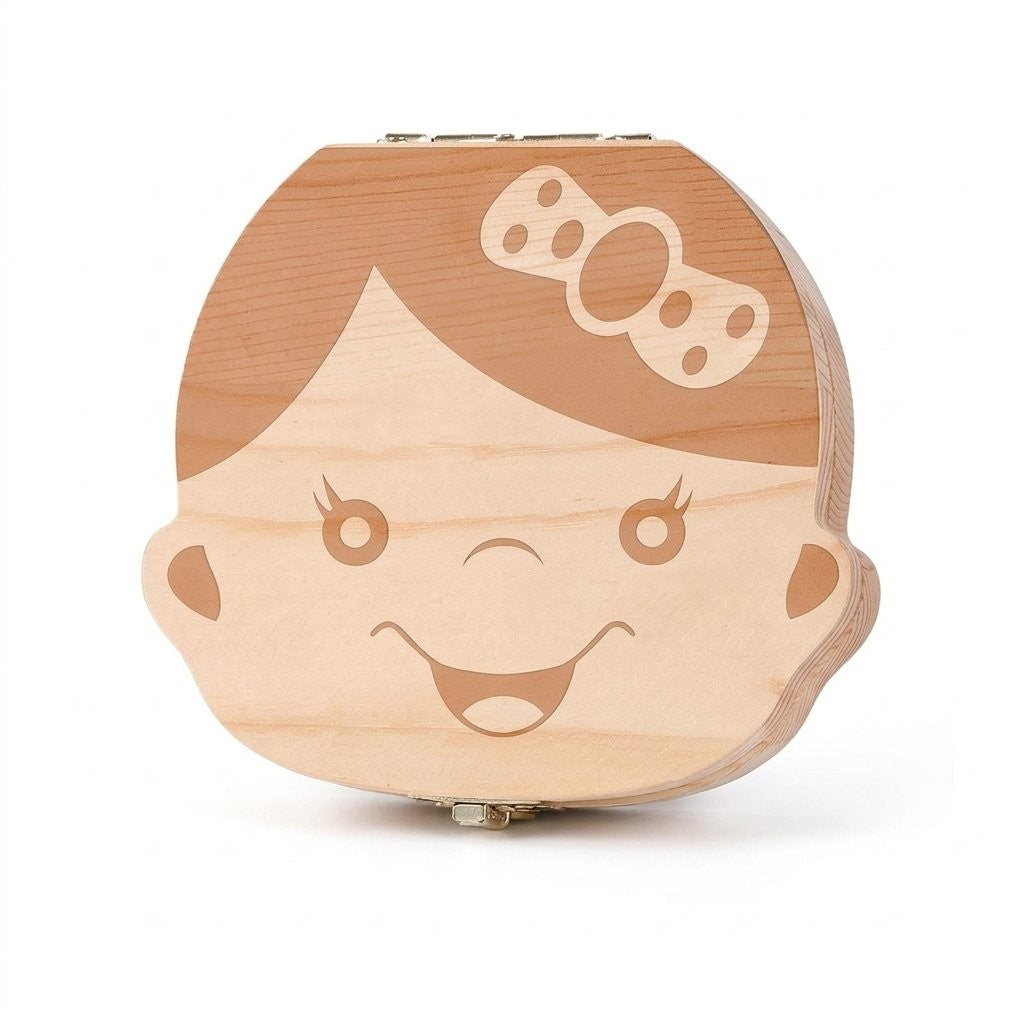 Boîte à dents de lait en bois gravée d'un visage de fille avec un nœud