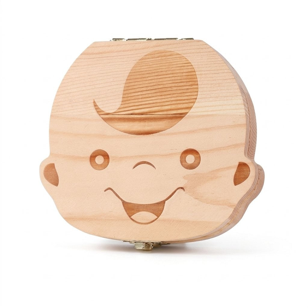 Boîte à dents de lait en bois gravée d'un visage de garçon