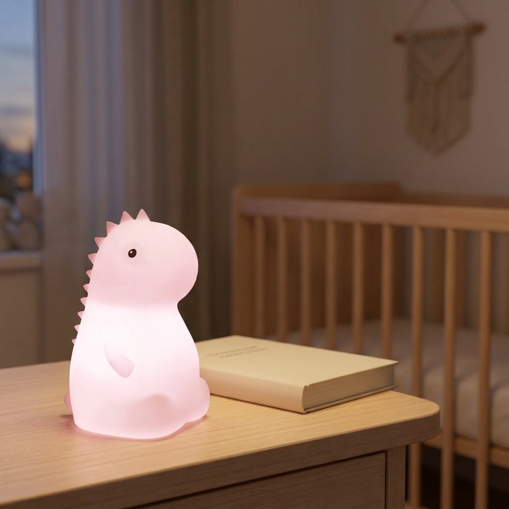Veilleuse dinosaure allumée en rose sur une table de chevet Image