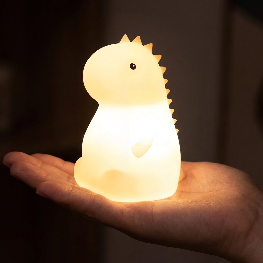 Veilleuse dinosaure allumée dans la paume de la main