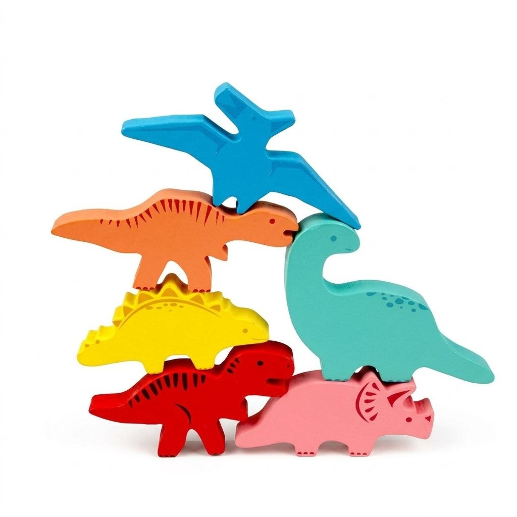 Six dinosaures en bois à empiler en équilibre et cartes modèles