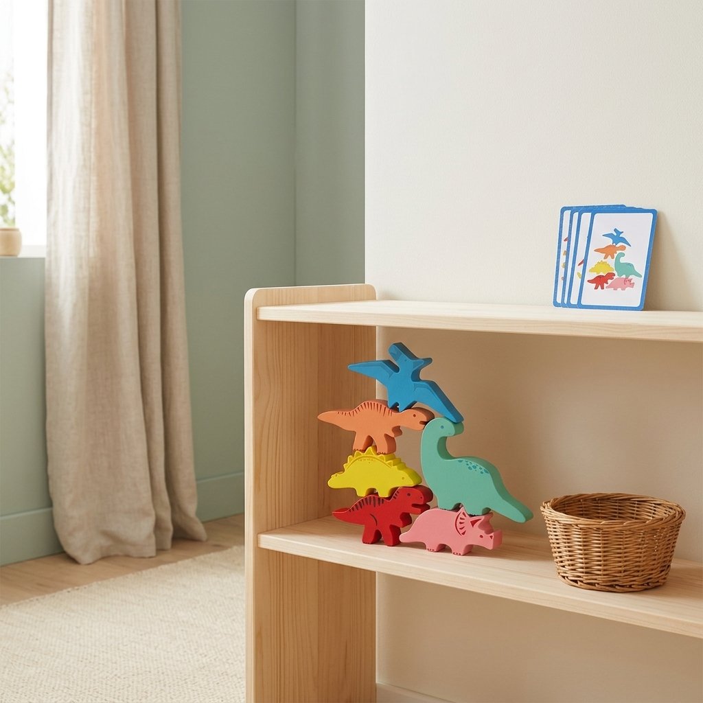 Jeu d'équilibre dinosaures sur une étagère basse en bois