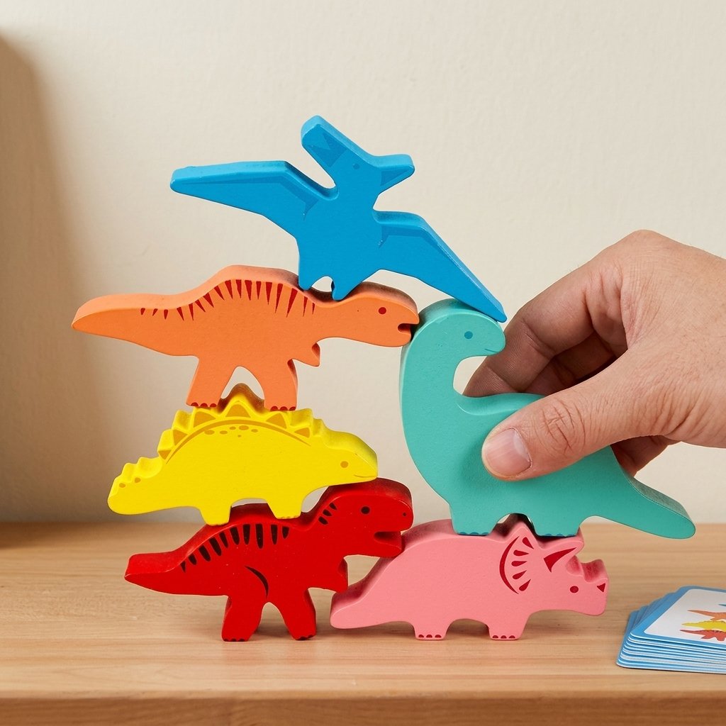 Jeu d'équilibre dinosaures tenu dans une main d'adulte