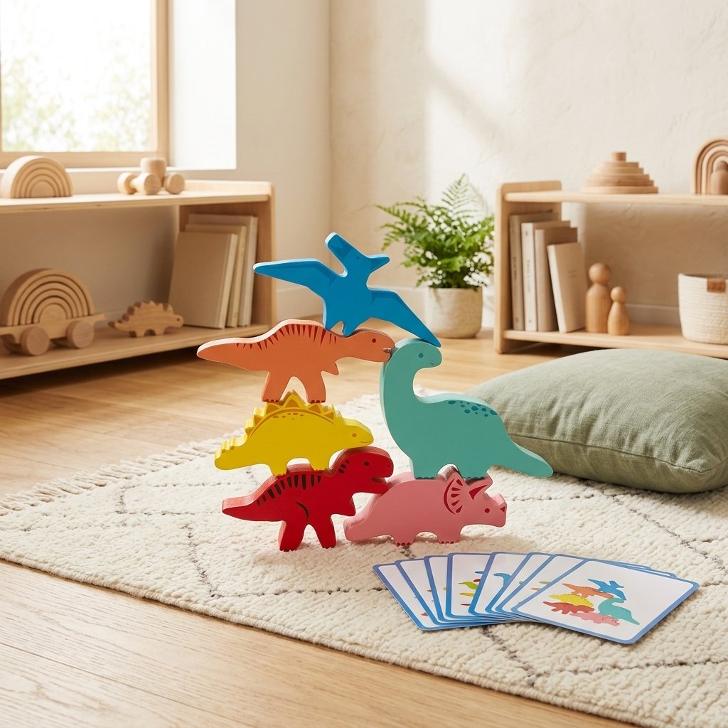 Jeu d'équilibre dinosaures posé sur un tapis crème