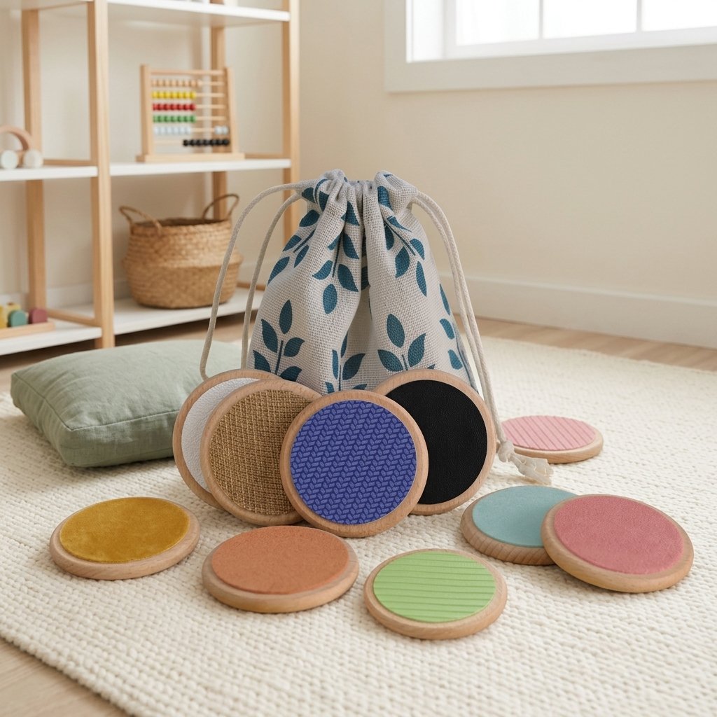 Disques tactiles posé sur un tapis crème