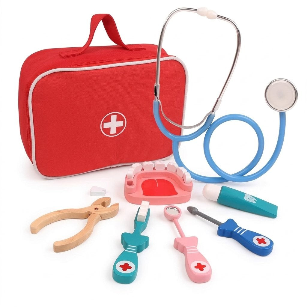 Mallette docteur dentiste en bois : sacoche rouge, stéthoscope, mâchoire et instruments