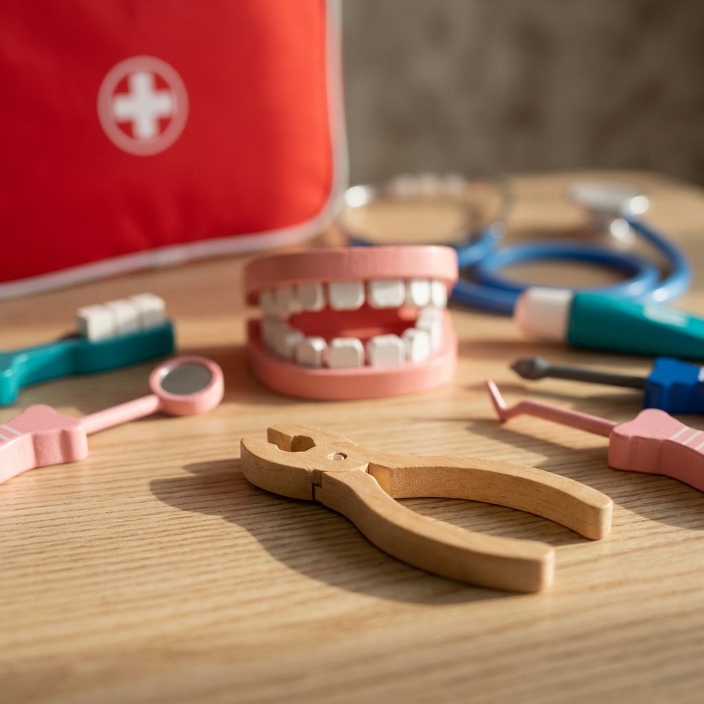 Mâchoire rose et pince en bois de la mallette dentiste Image