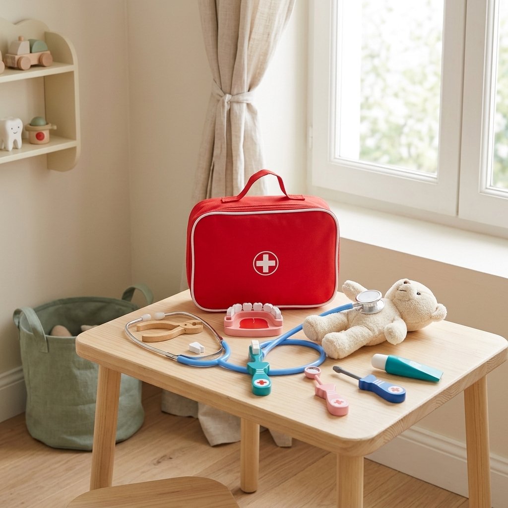 Mallette docteur ouverte sur une table d'enfant, un ours en patient