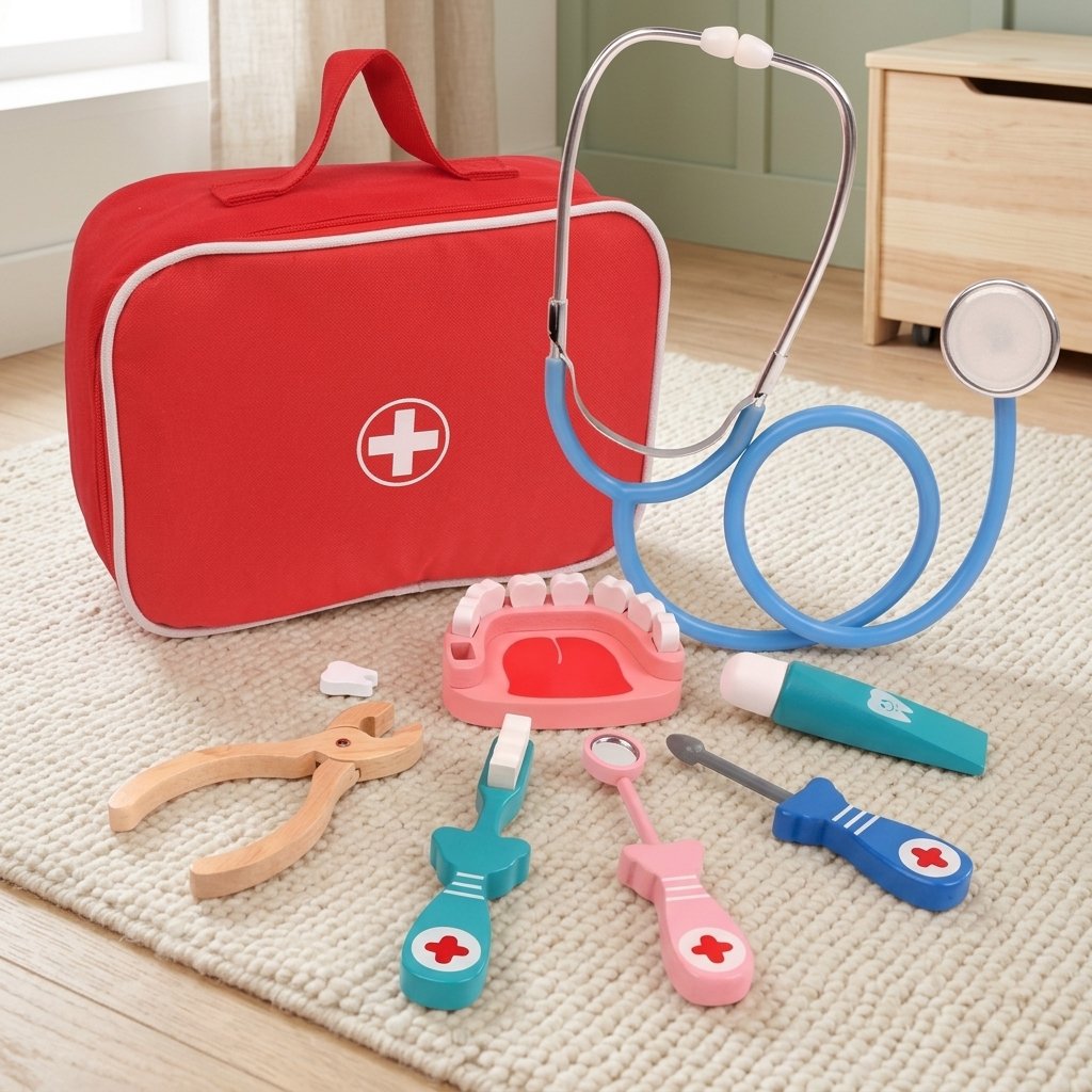 Mallette docteur et ses instruments sur un tapis crème
