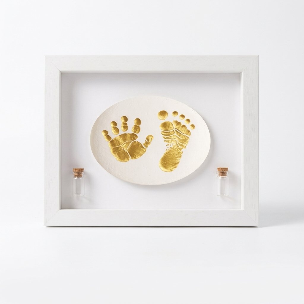 Cadre empreinte bébé blanc avec médaillon doré de main et de pied et deux fioles souvenir