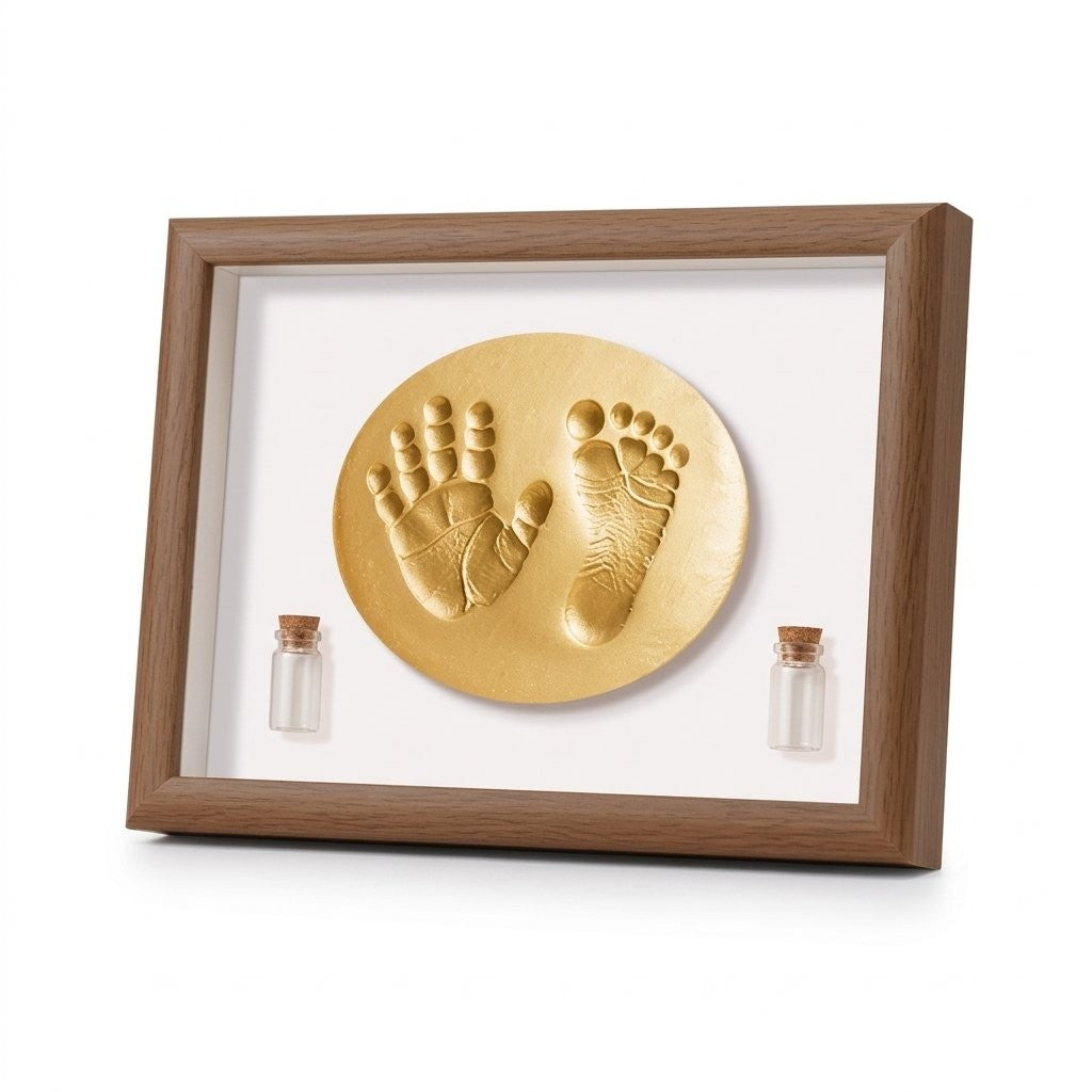 Cadre empreinte bébé noyer avec médaillon doré et deux fioles