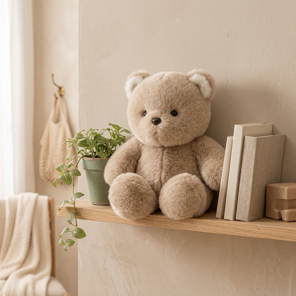 Peluche ourson à poils longs sur une étagère